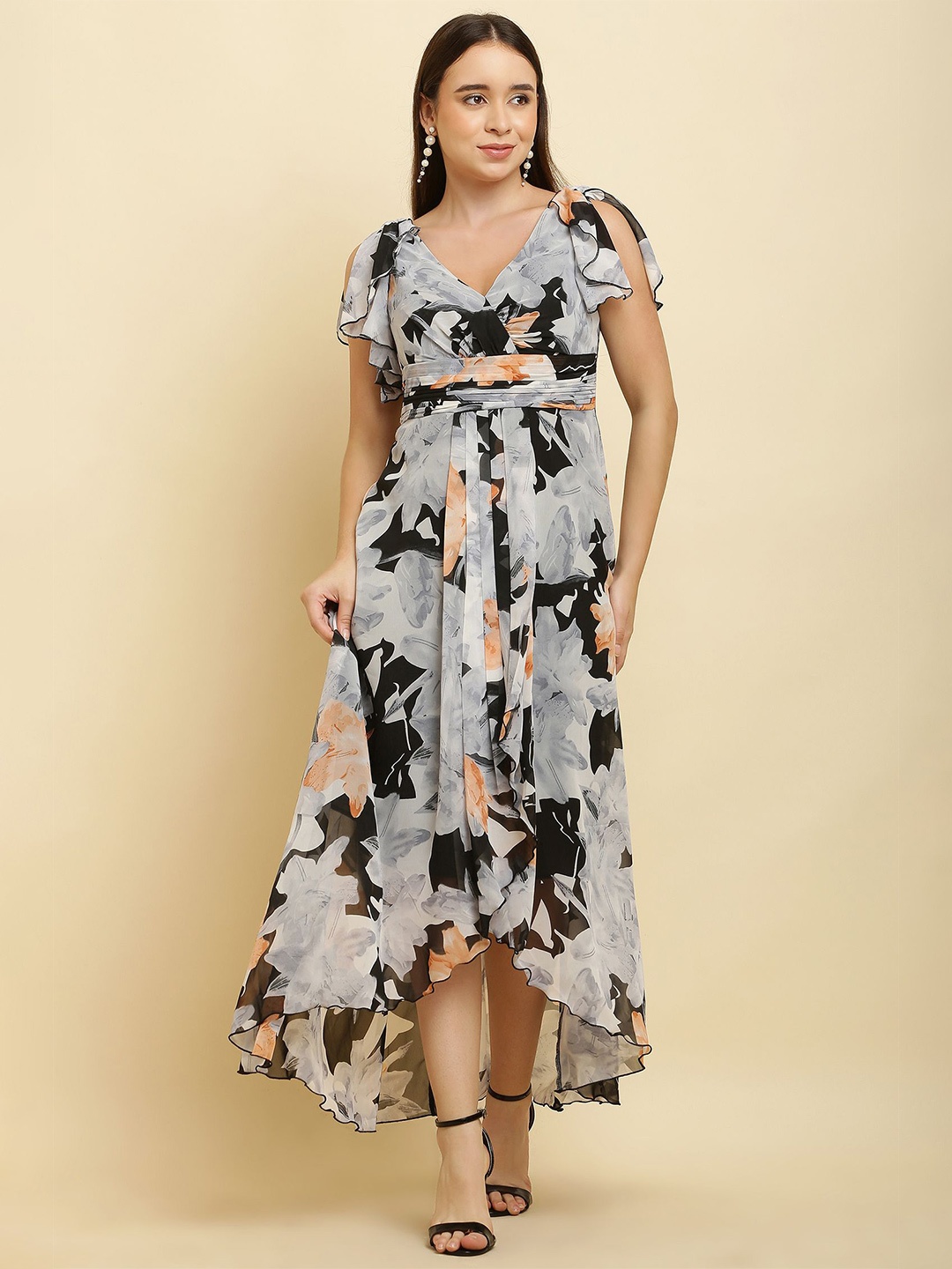 

C4D Floral Printed Flared Sleeve Empire Dress, Black
