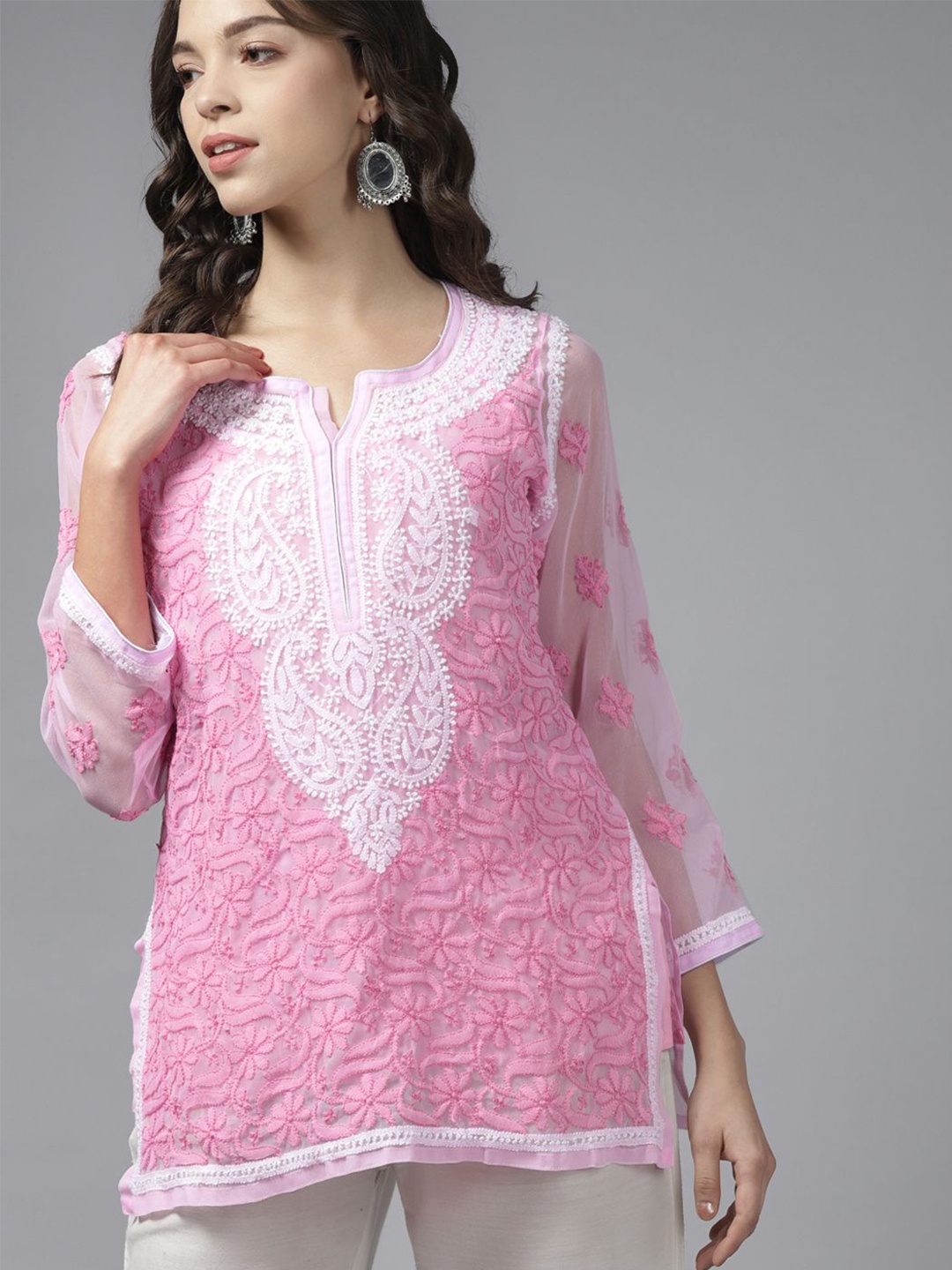 

ADA Women Paisley Embroidered Thread Work Kurti, Pink