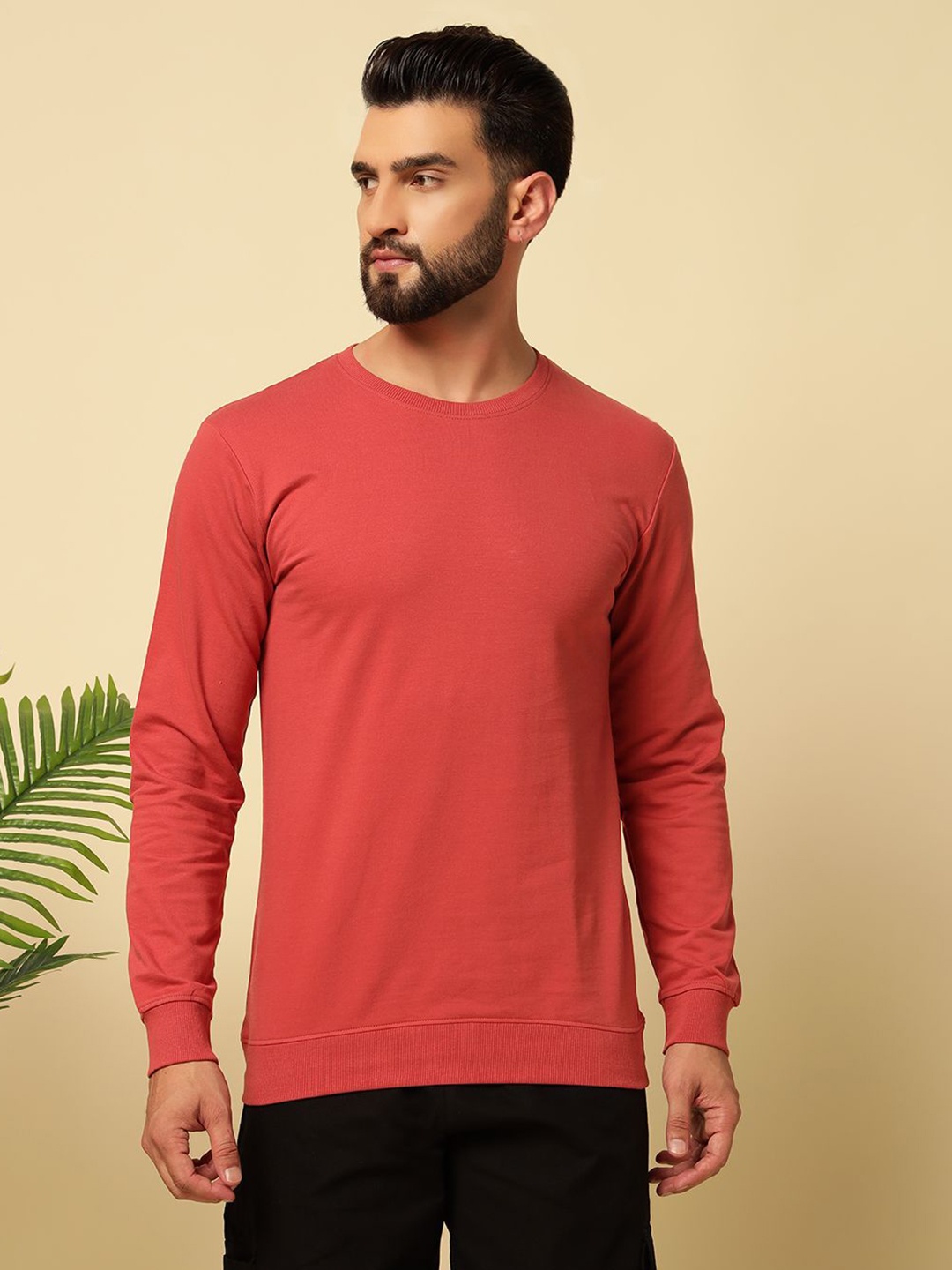 

MUWIN Men Premium Solid Round Neck Cotton T-Shirt, Coral