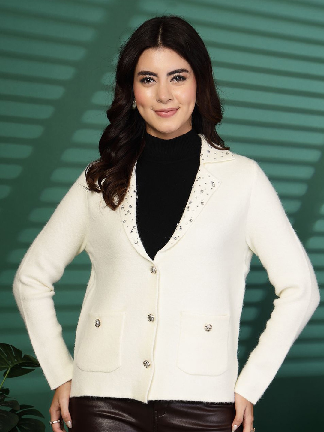 

Mafadeny Women Solid Embellished Front Open Sweater, White