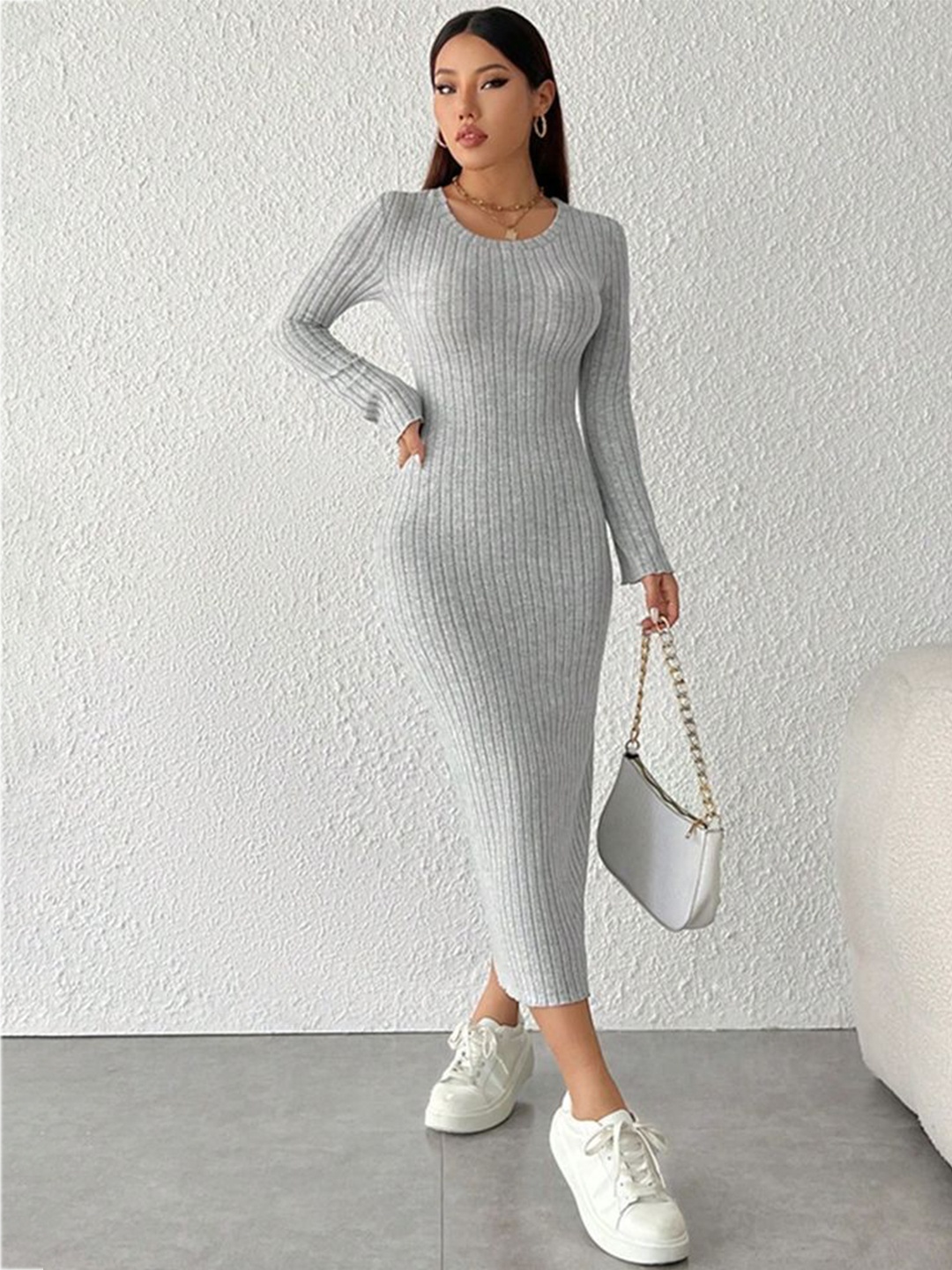 

LULU & SKY Striped Bodycon Midi Dress, Grey