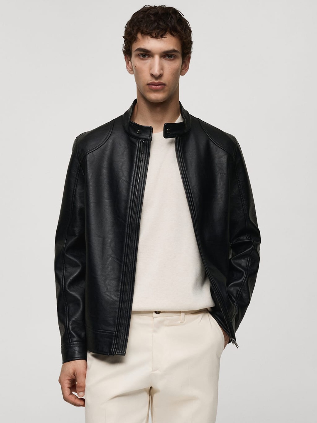 

MANGO MAN Faux-Fur Trim Biker Jacket, Black