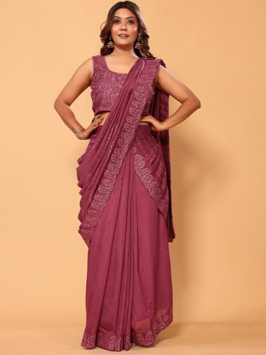 

PATLANI STYLE Women Embroidered Ready to Wear Saree With Blouse Piece, Pink