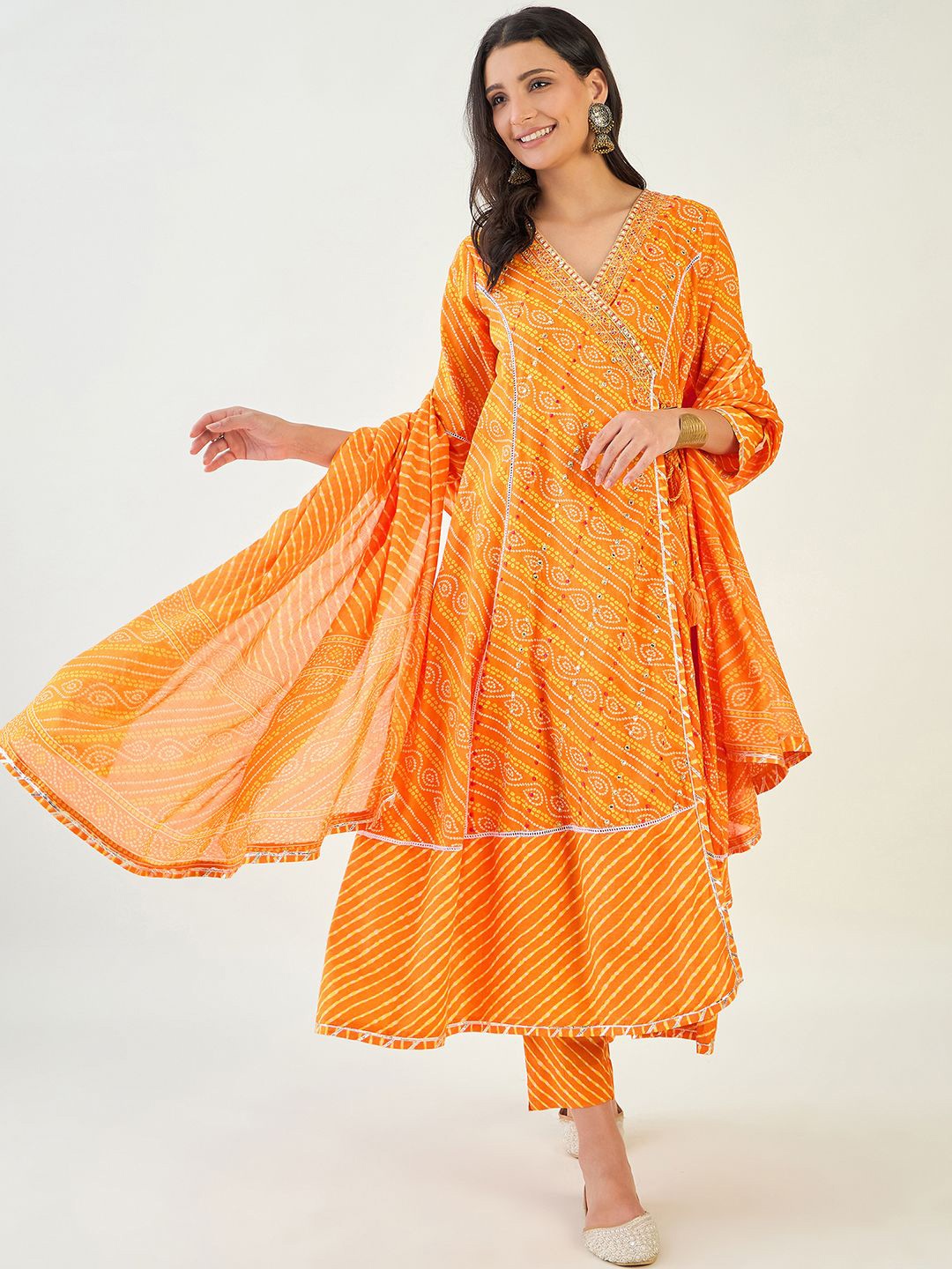 

Anouk Women Bandhani Embroidered Angrakha Pure Cotton Kurta with Trousers & With Dupatta, Orange