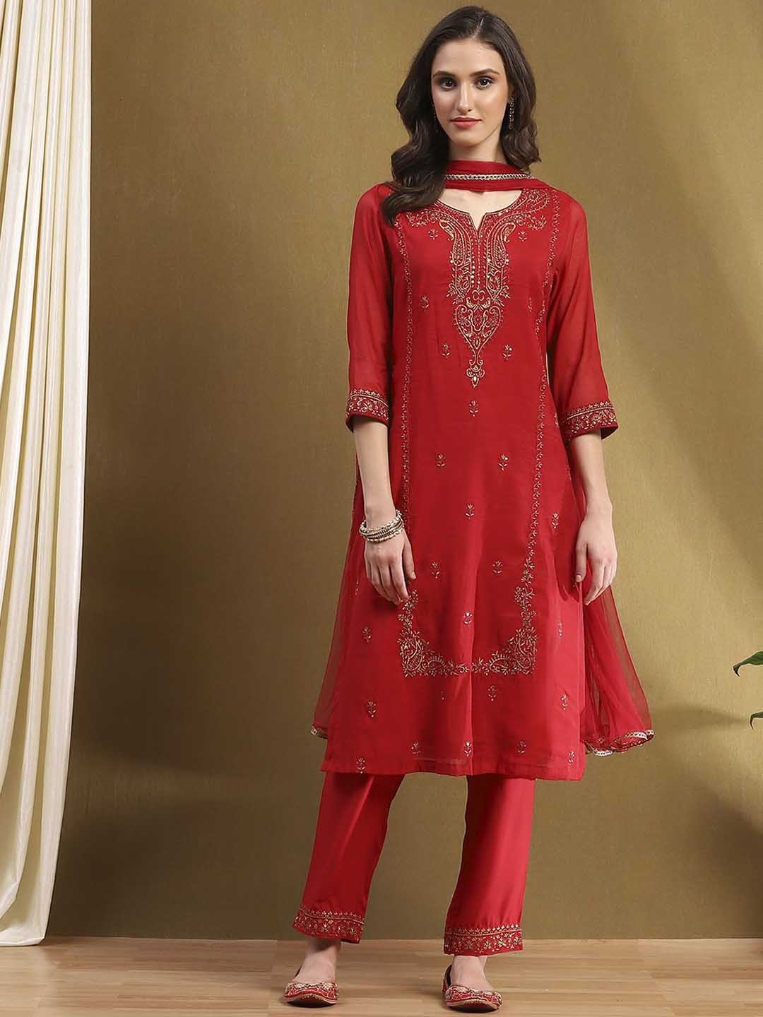 

Biba Women Embroidered Regular A-Line Kurta With Trousers & Dupatta, Red