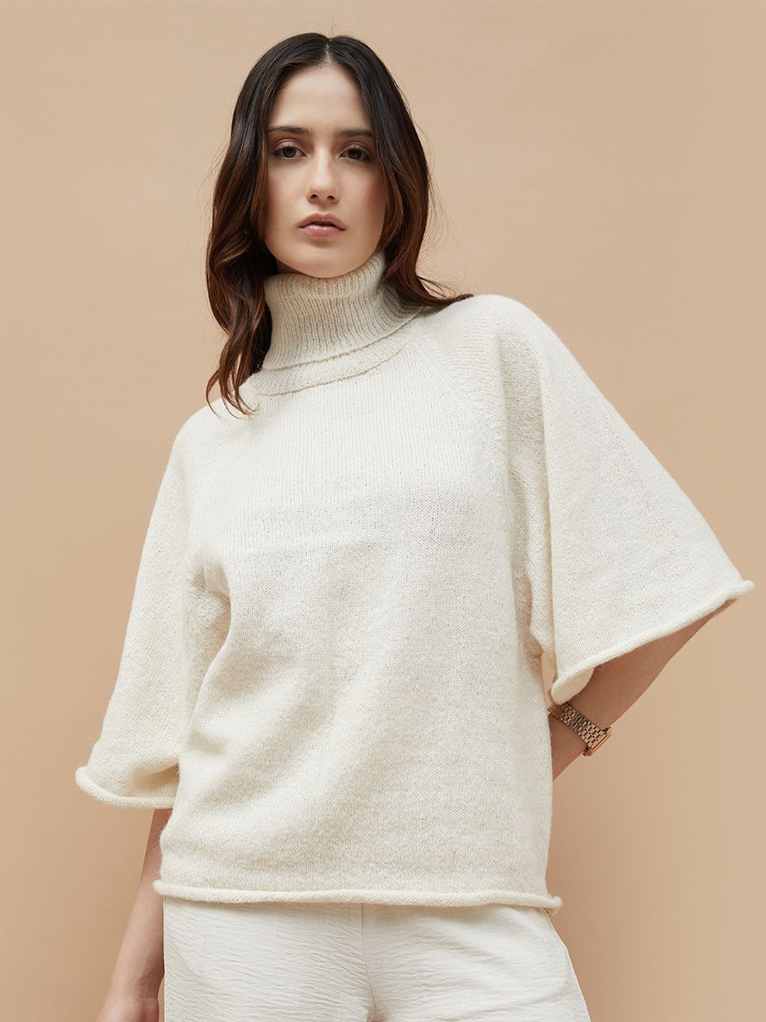 

CODE by Lifestyle Women Solid High Neck Raglan Sleeves Top, Off white