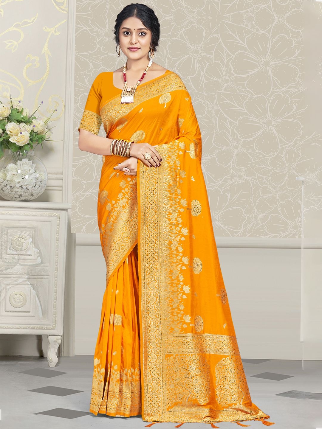 

SANGAM PRINTS Woven Design Zari Tussar Saree, Mustard