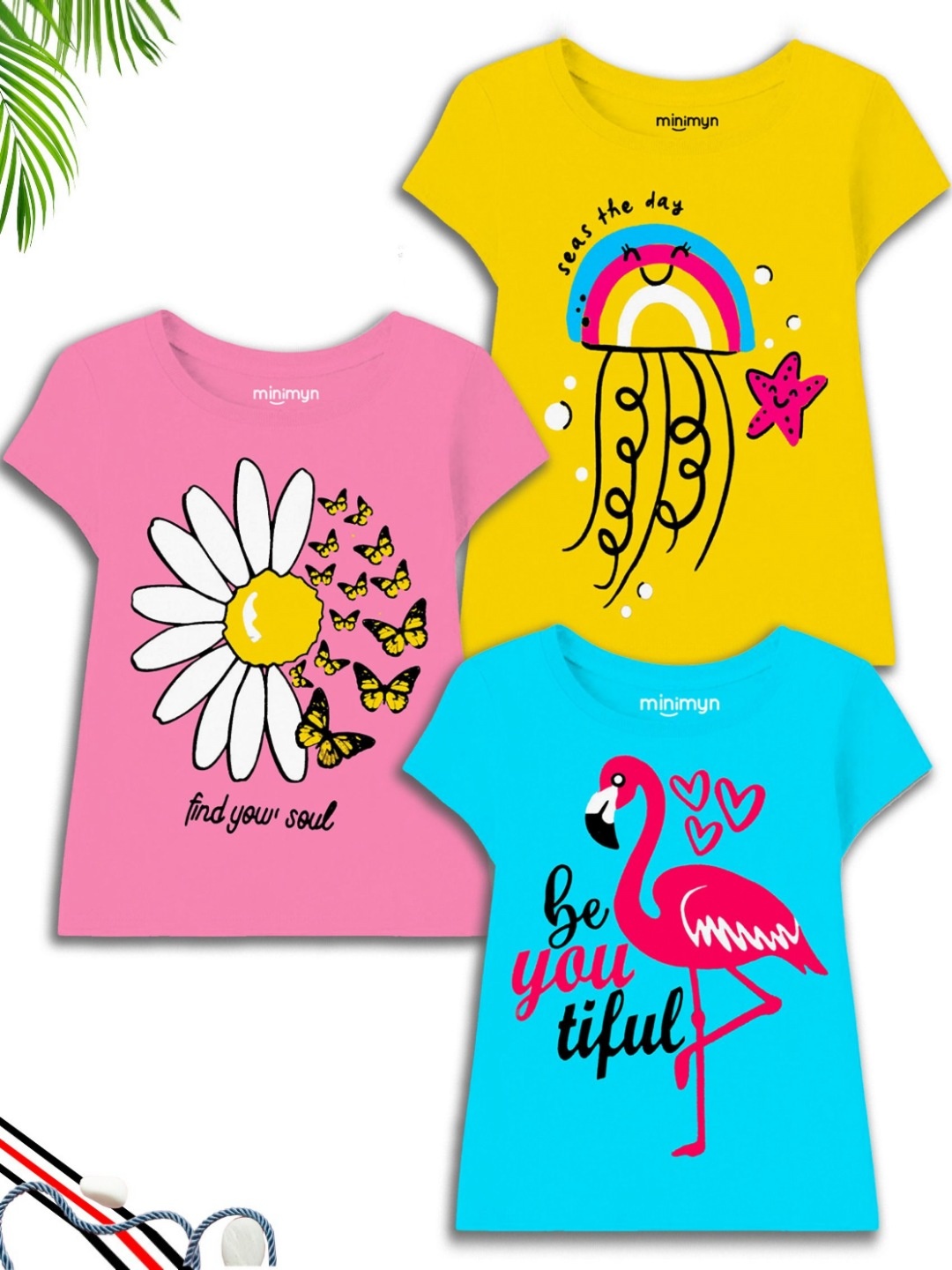 

MINI MYN Girls Pack Of 3 Graphic Printed Round Neck Cotton T-shirts, Pink