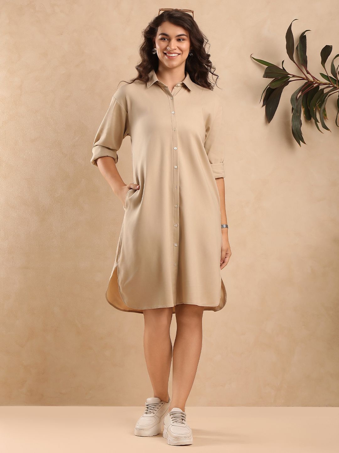 

Gazillion Women Solid Relaxed Fit Spread Collar Original Semiformal Shirt, Beige