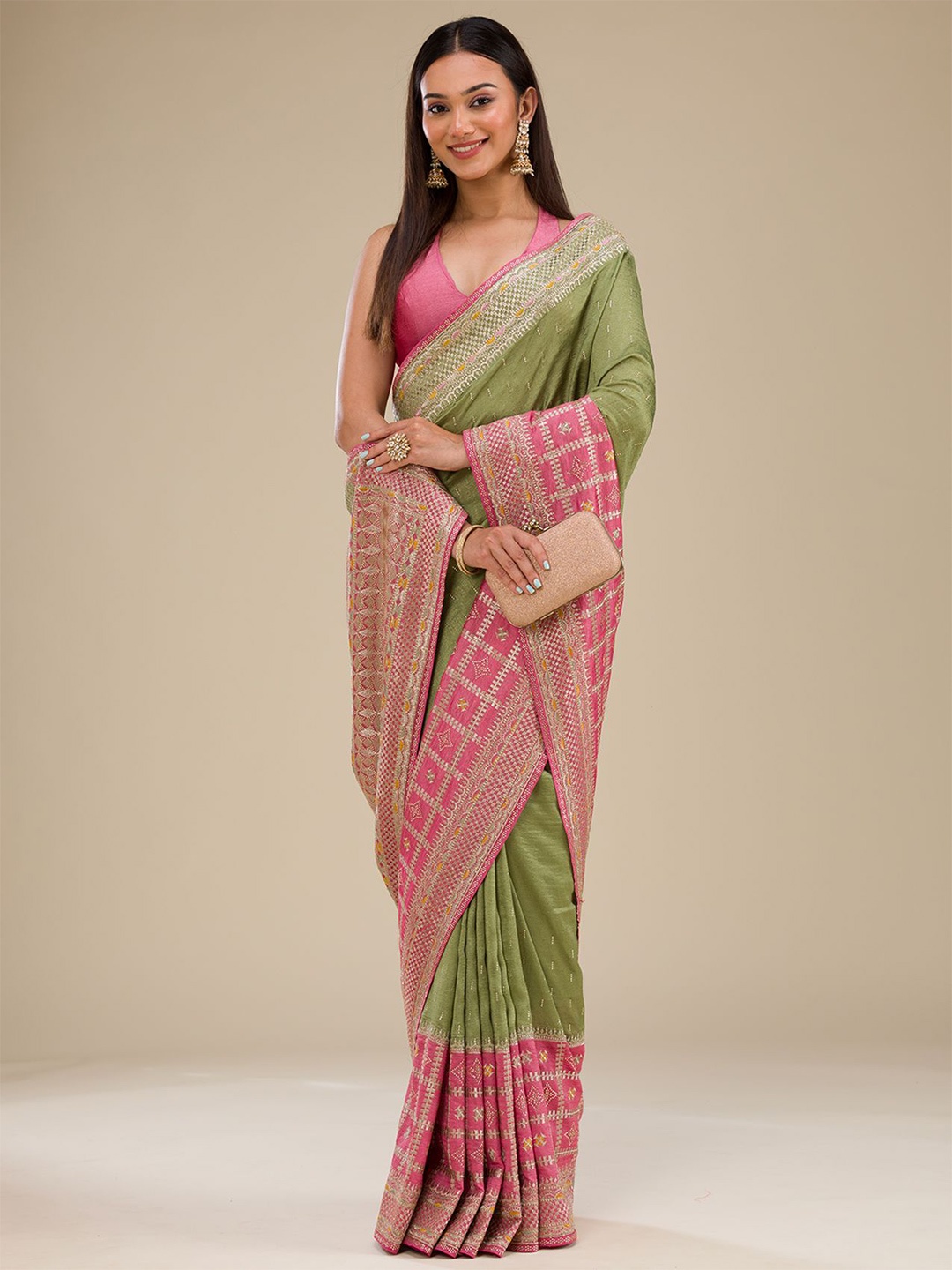 

Koskii Embellished Embroidered Saree, Pink
