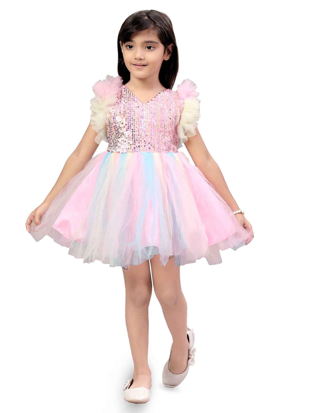 

BAESD Girls Flutter Sleeve Net Fit & Flare Dress, Pink
