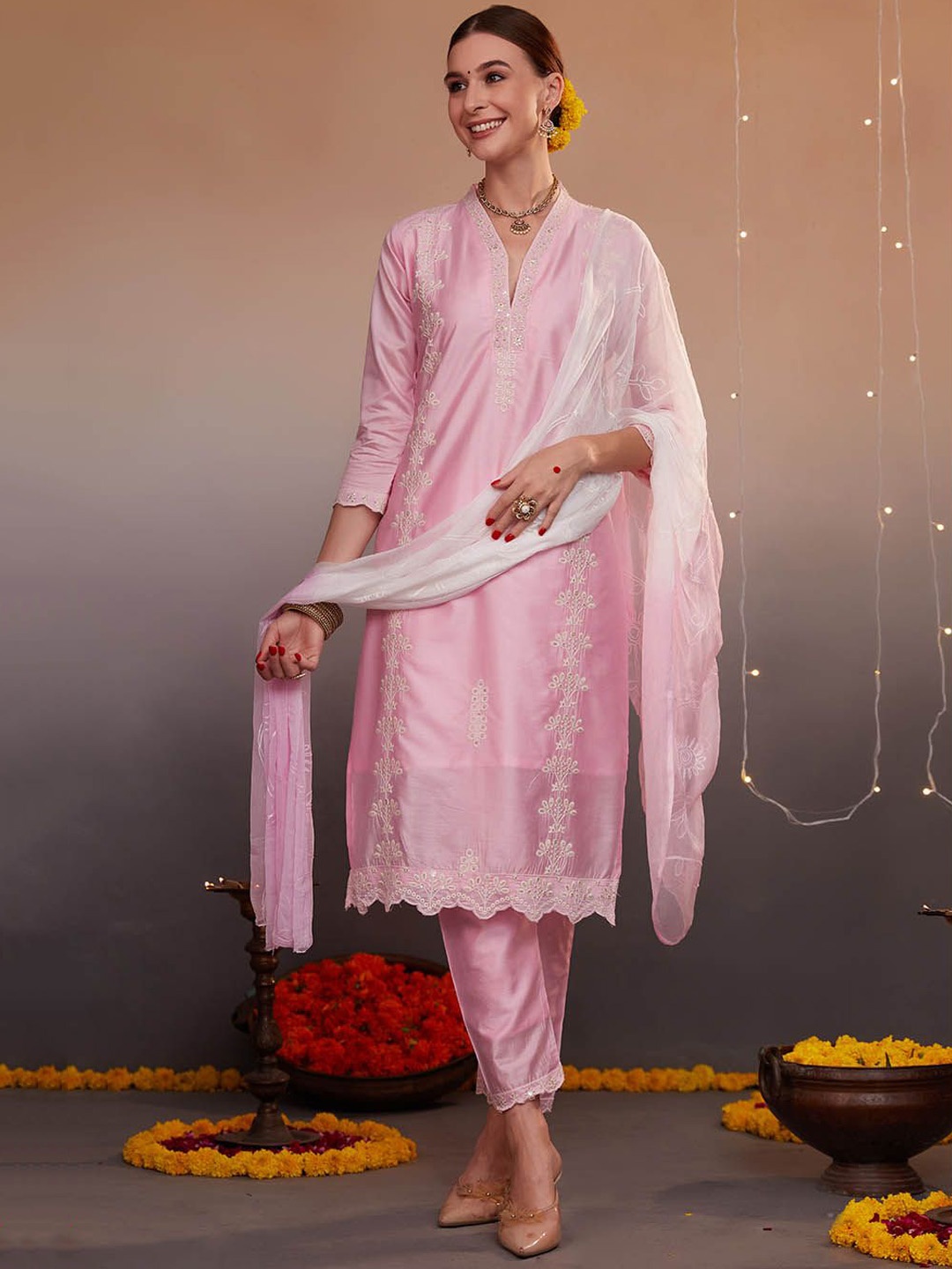 

KALINI Women Ethnic Motifs Embroidered Kurta with Trousers & With Dupatta, Pink