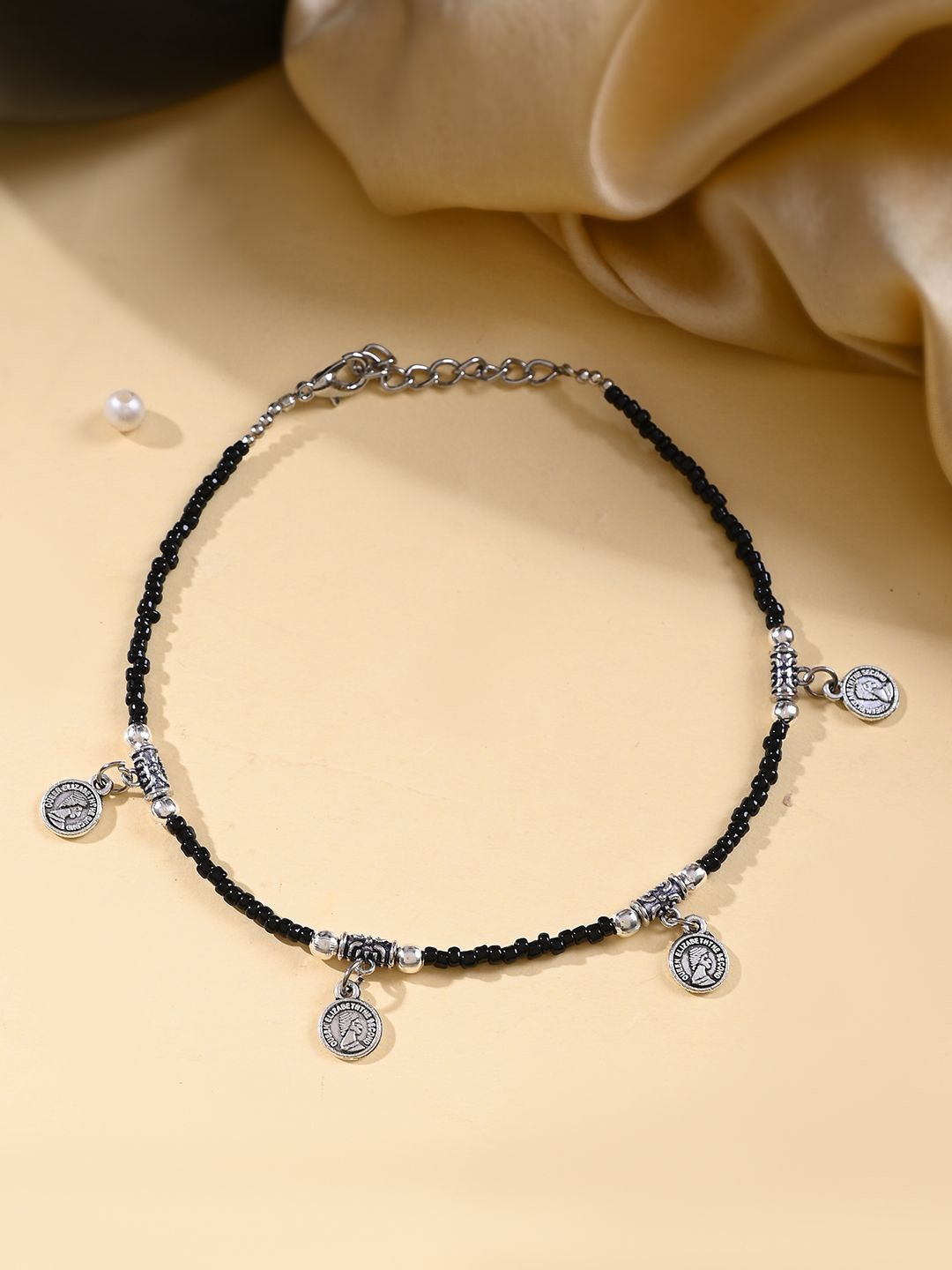 

Silvermerc Designs Silver-Plated Stone Studded & Beaded Evil Eye Single Anklet