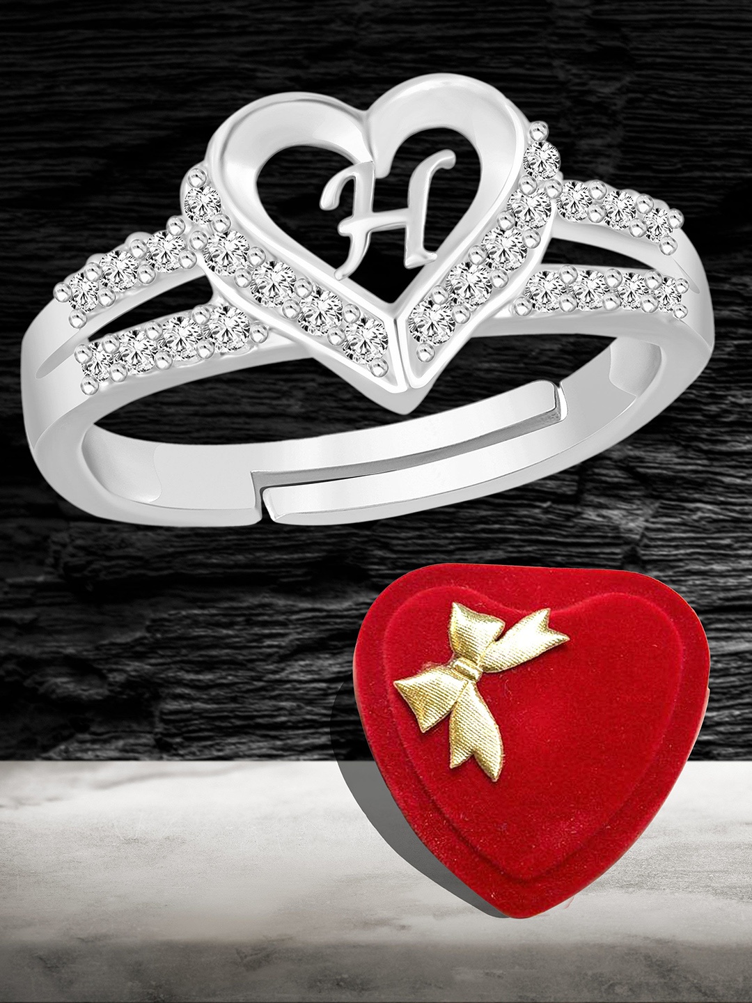 

Heer Collection Silver-Plated American Diamond Studded Alphabet H Adjustable Finger Ring