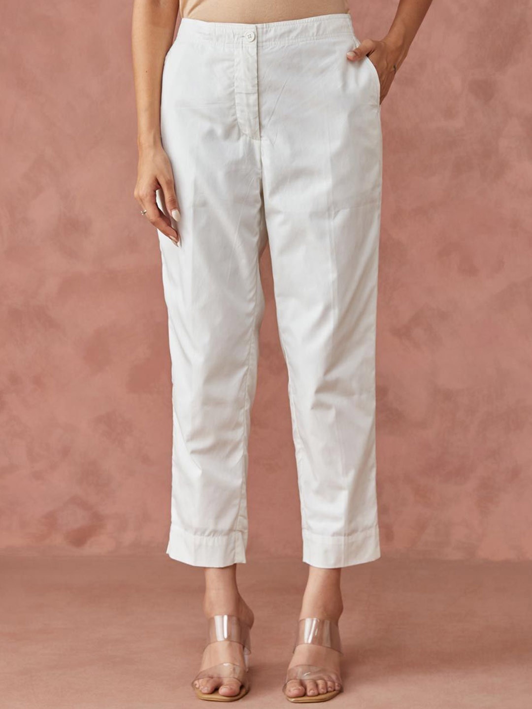 

Fabindia Women Cotton Slim Fit Regular Trousers, White