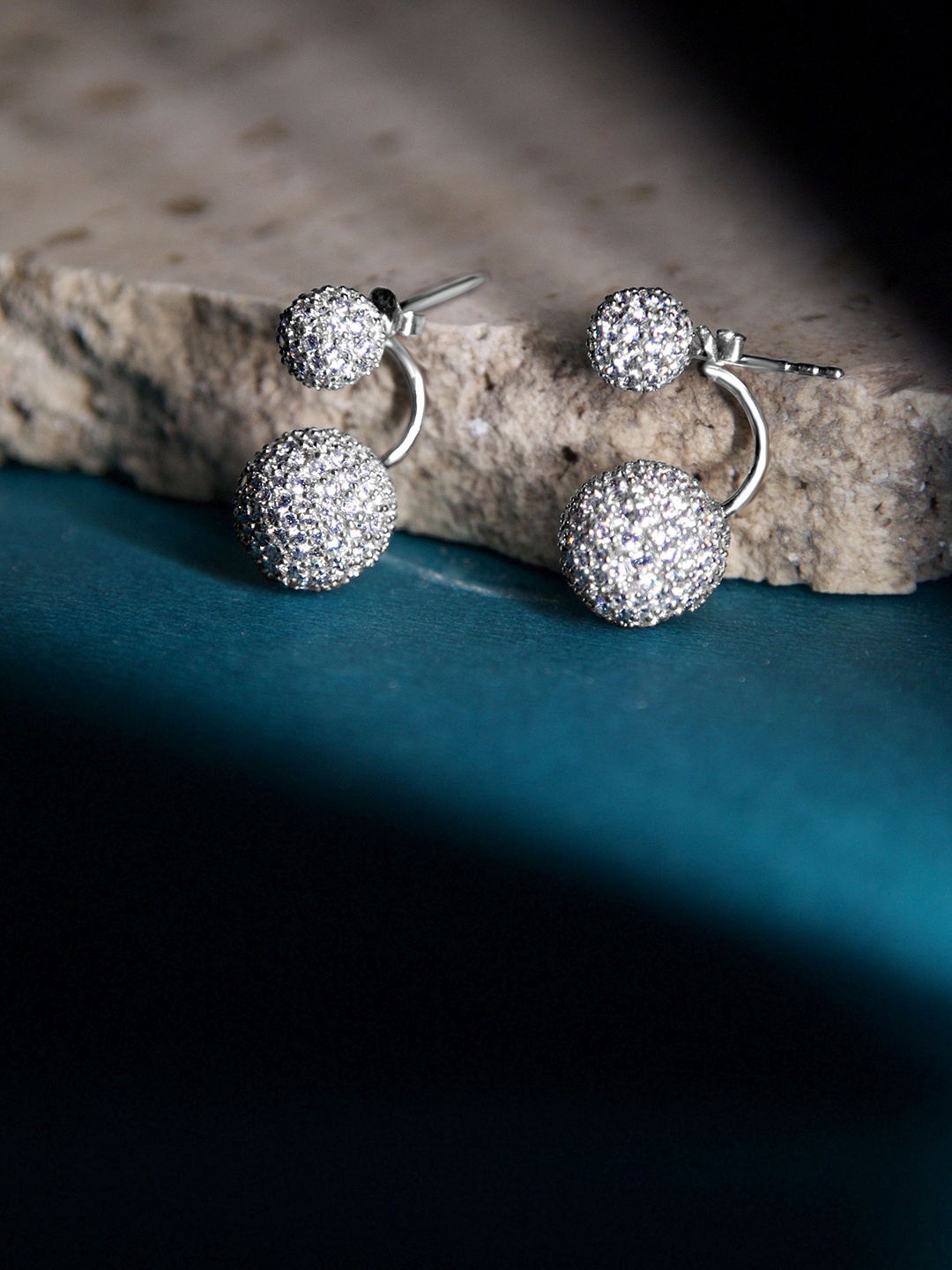 

VELVET IMPERIAL Silver Plated Zircon Studded Contemporary Half Hoop Earrings