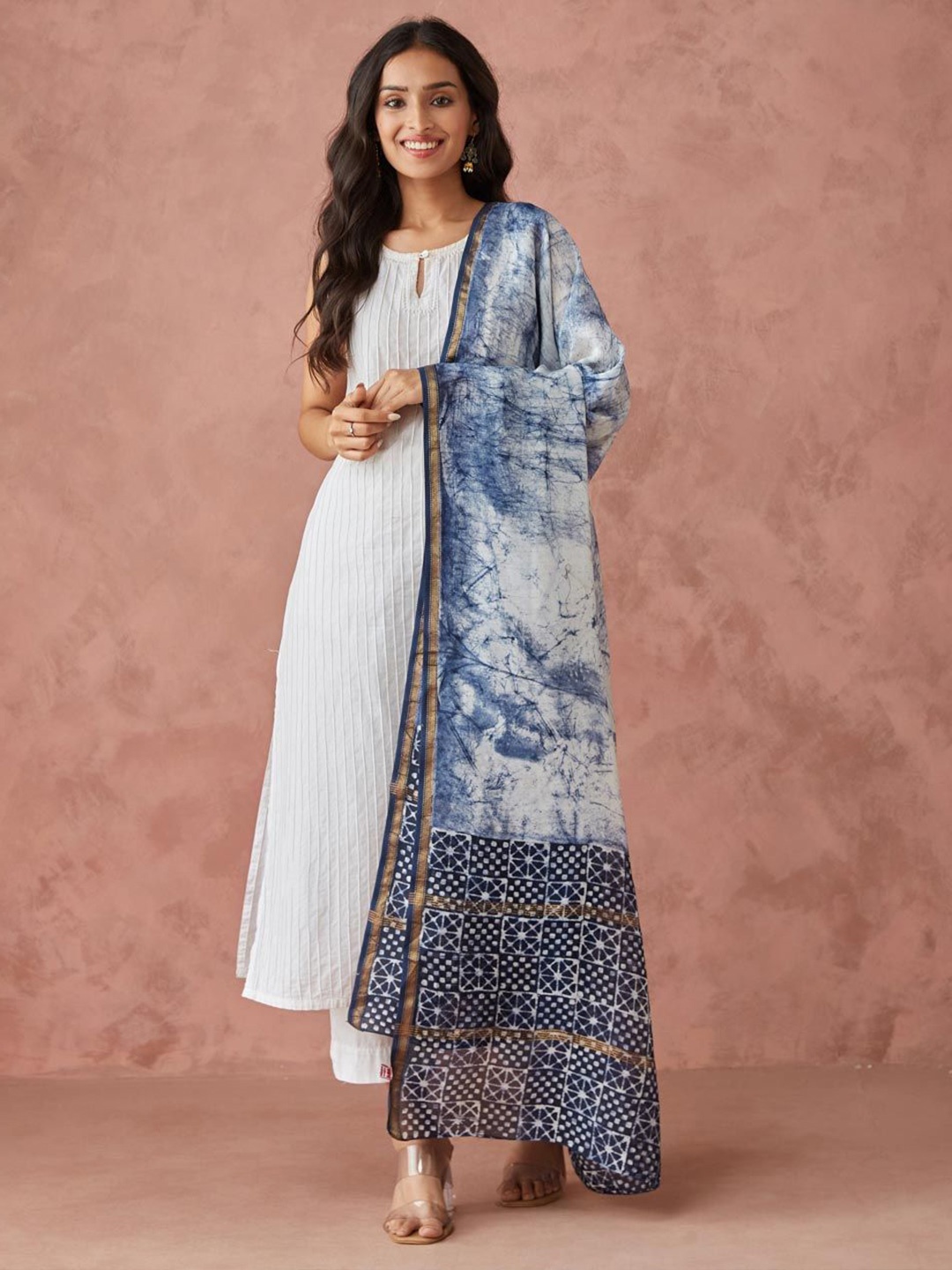 

Fabindia Printed Cotton Silk Dupatta with Zari, Blue