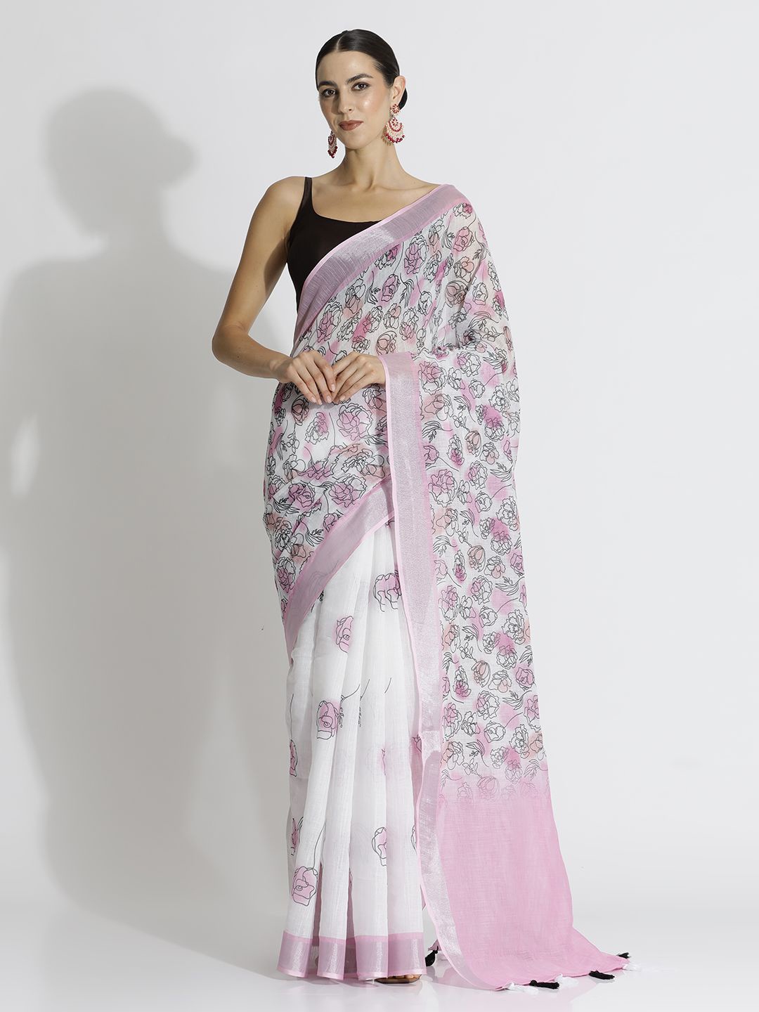 

Jaipur Kurti Floral Pure Linen Designer Saree, White