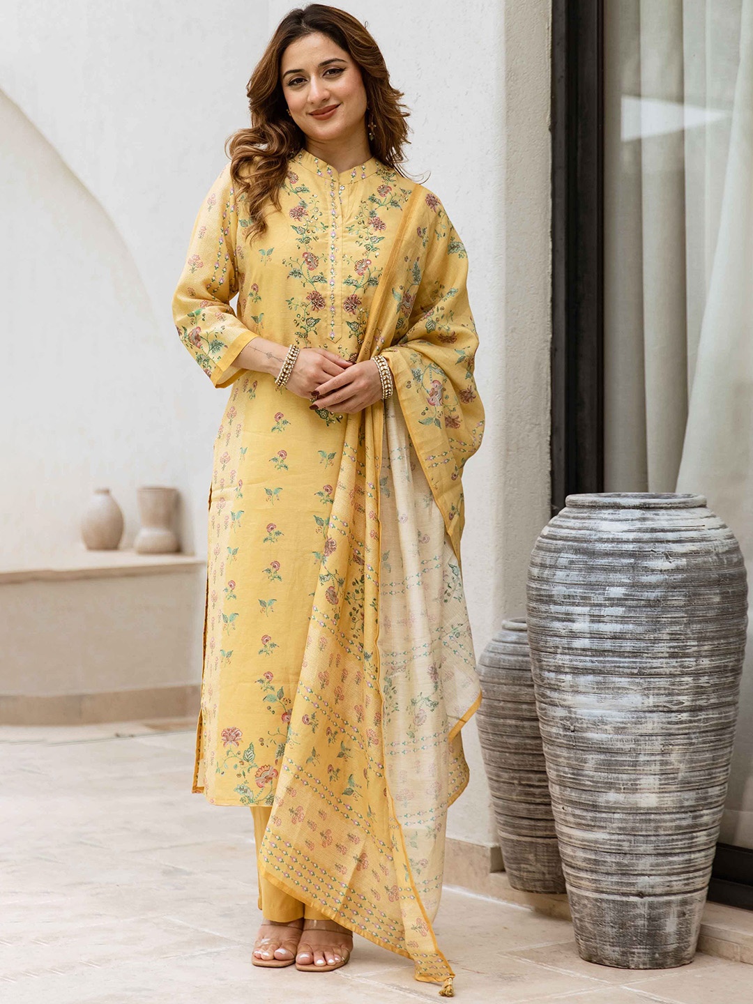 

KALINI Women Floral Printed Beads and Stones Kurta with Trousers & With Dupatta, Yellow