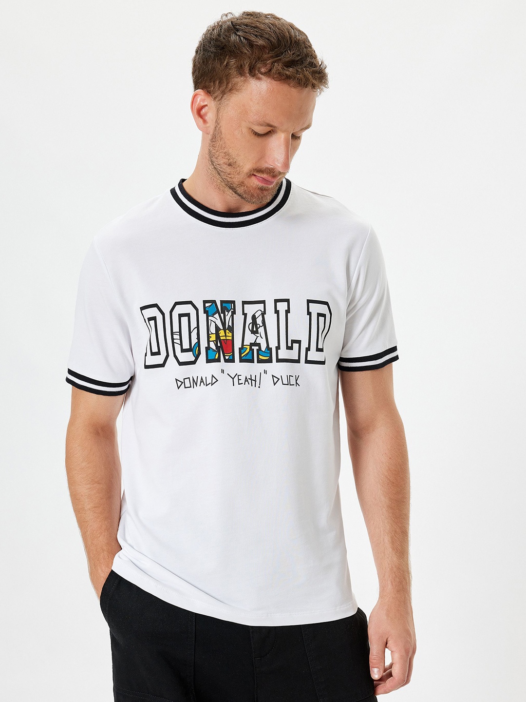 

Koton Men Donald Duck Typography Printed Round Neck Cotton T-shirt, White