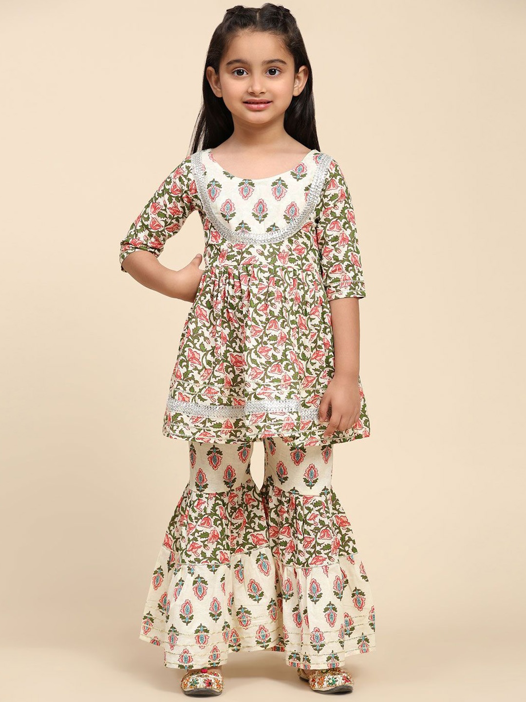 

SHIJILA Girls Floral Printed Empire Kurta with Sharara, White