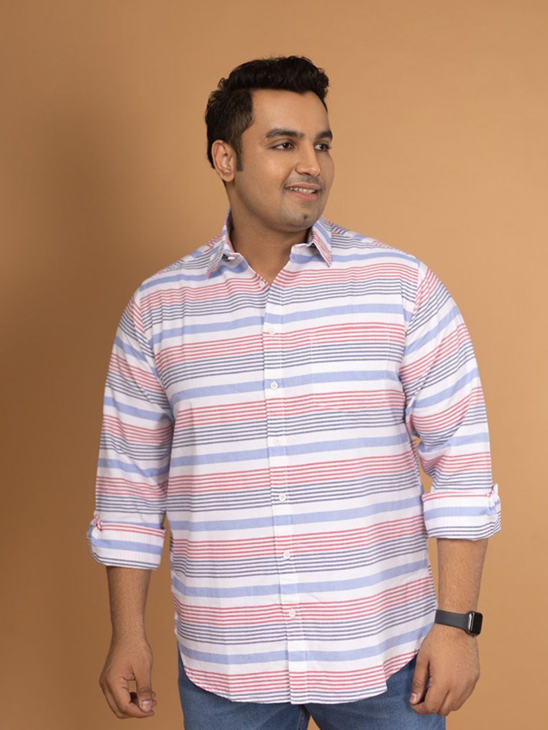 

Sizeupp Men Comfort Spread Collar Horizontal Striped Cotton Casual Shirt, White