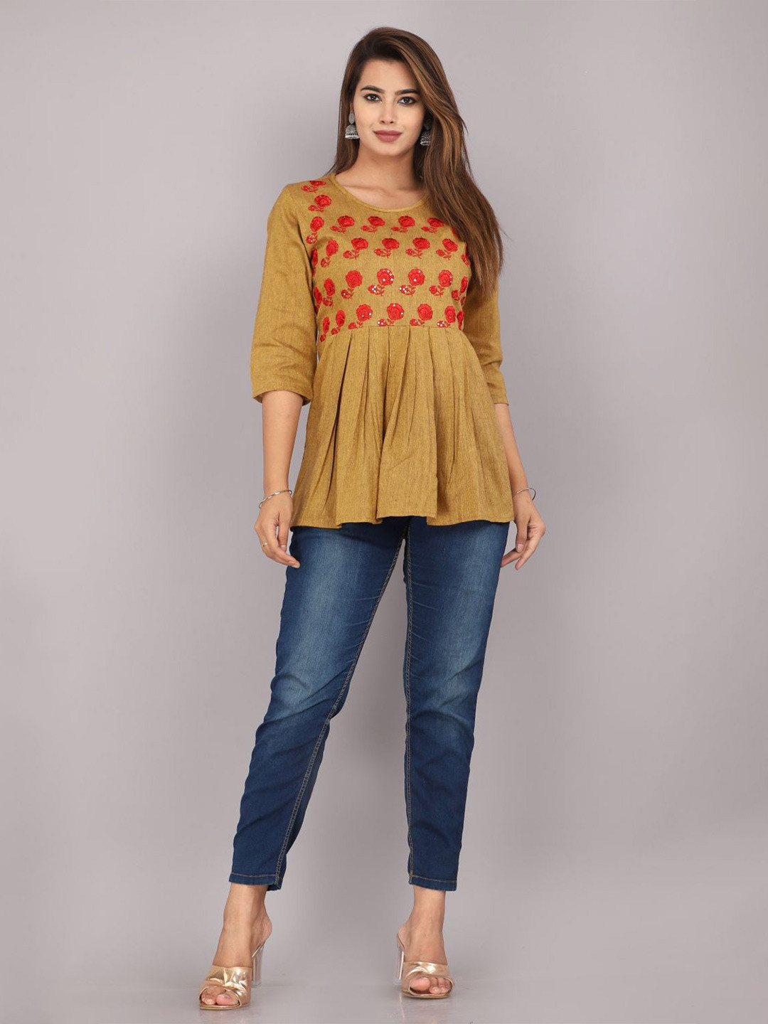 

Mehsoos Women Ethnic Motifs Printed Round Neck Cotton Top, Mustard