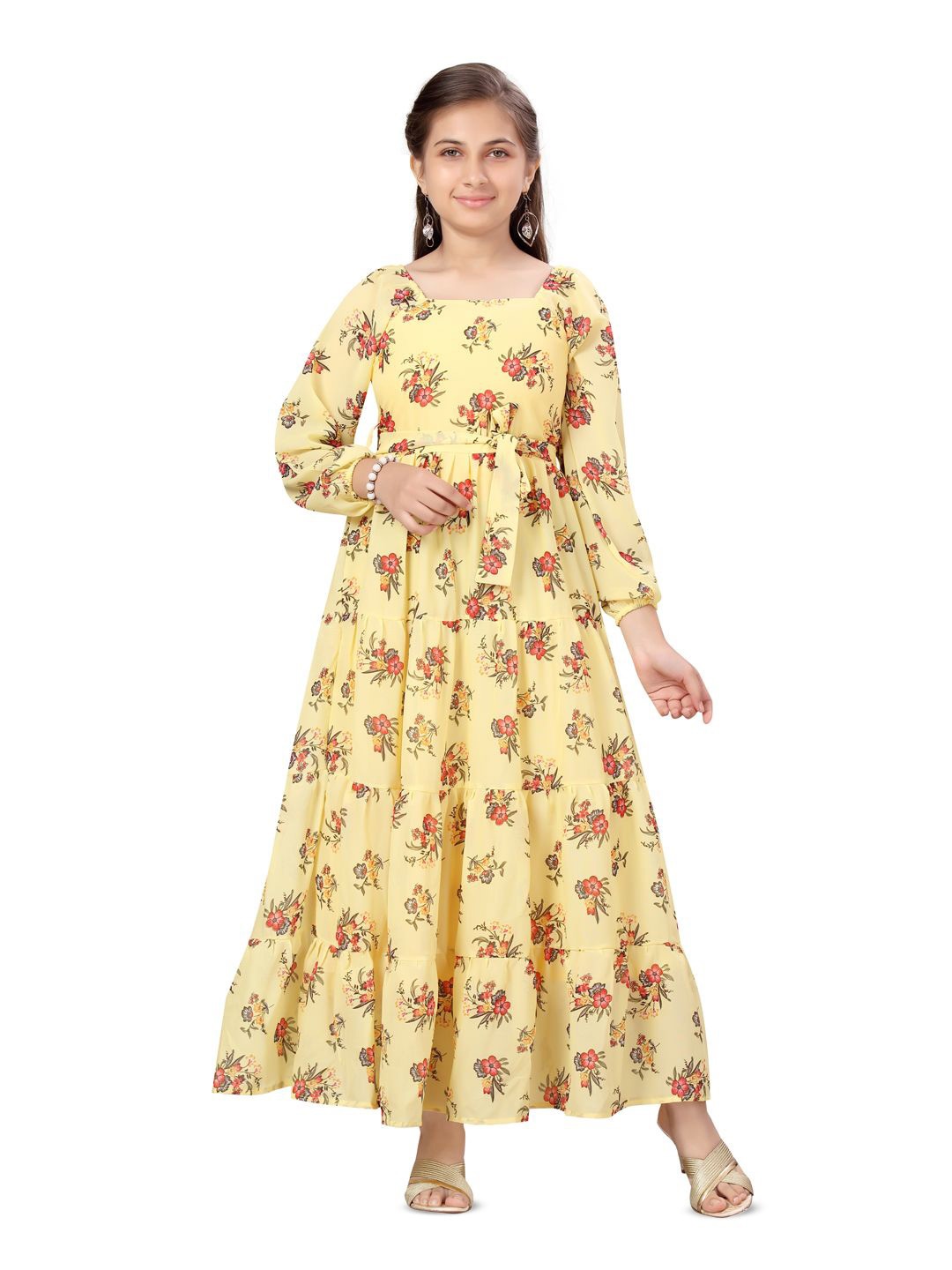 

BAESD Girls Floral Printed Georgette Maxi Dress, Yellow