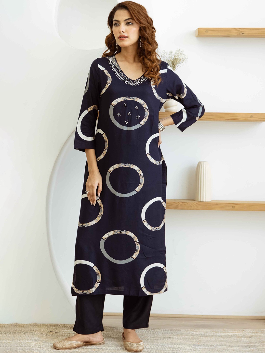 

KALINI Women Printed Regular Kantha Work Kurta with Palazzos, Navy blue