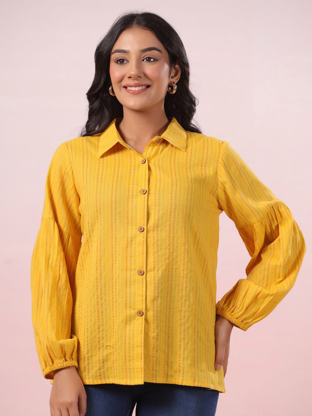 

LYFJ Women New Spread Collar Solid Cotton Casual Shirt, Yellow