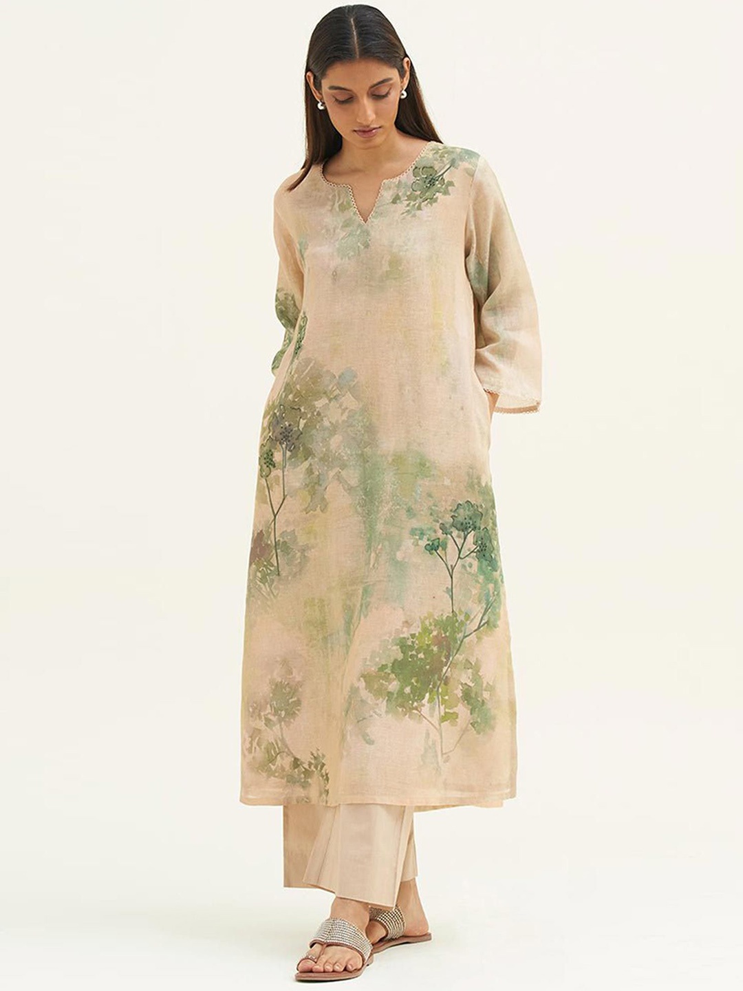

Ganga Printed Linen Tunic With Palazzo, Beige
