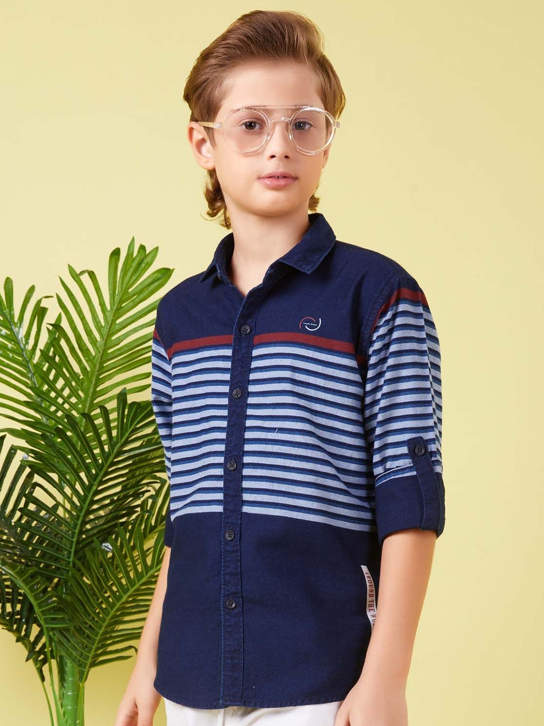 

MashUp Boys Classic Spread Collar Horizontal Striped Cotton Casual Shirt, Navy blue