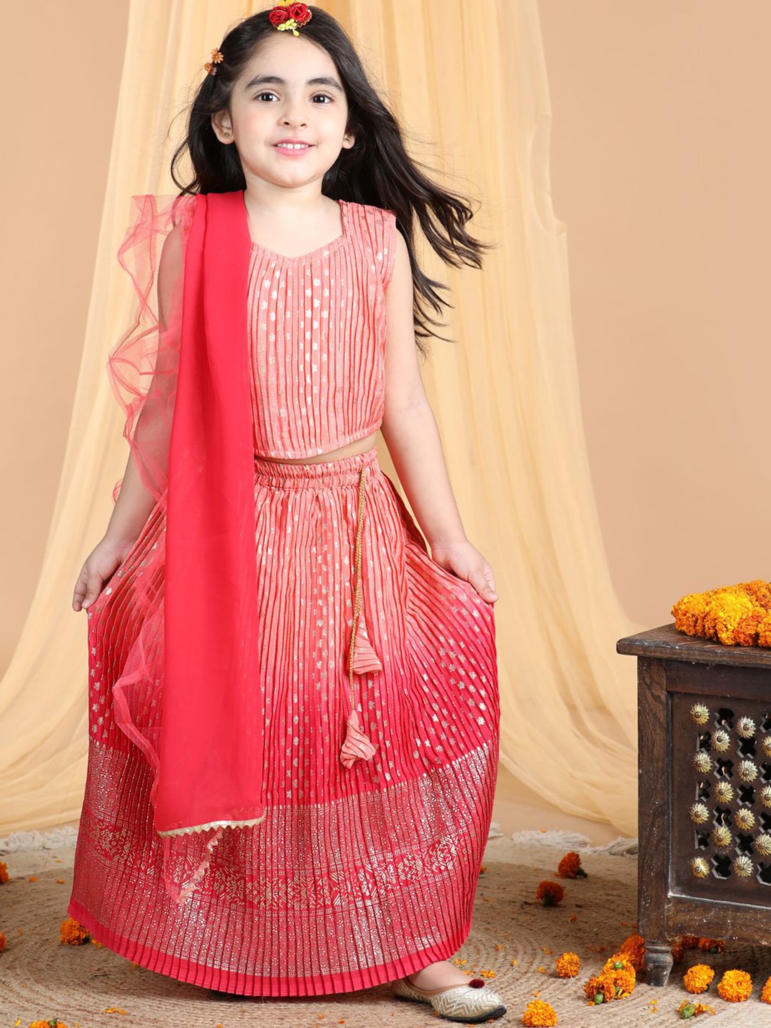 

Here&Now X Kinder Kids Girls Ready to Wear Lehenga & Blouse With Dupatta, Peach