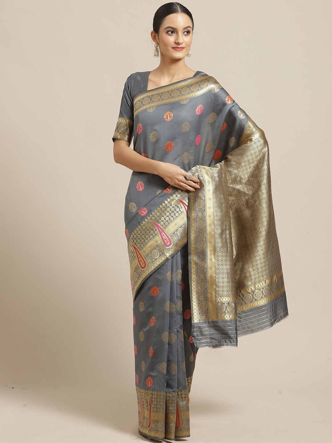 

KALINI Woven Design Floral Zari Banarasi Saree, Grey