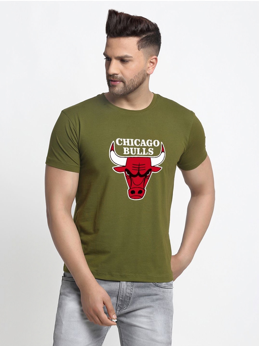 

Friskers Men Graphic Printed Round Neck Cotton Slim Fit T-shirt, Olive