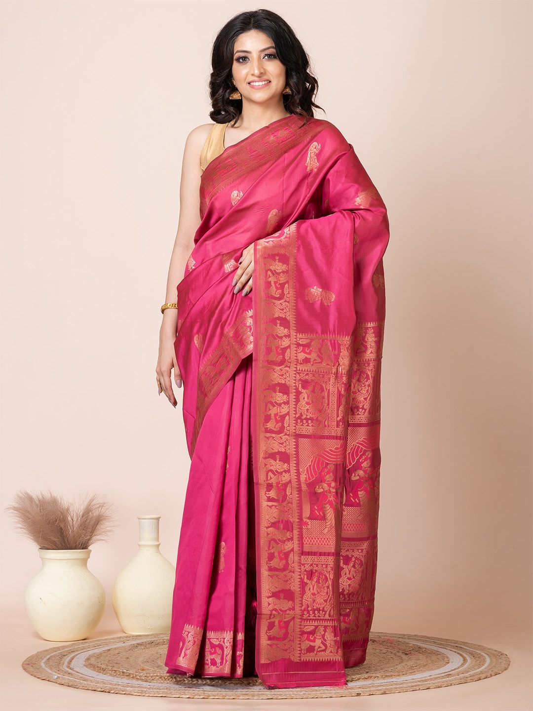 

Laa Calcutta Woven Design Zari Baluchari Saree, Pink