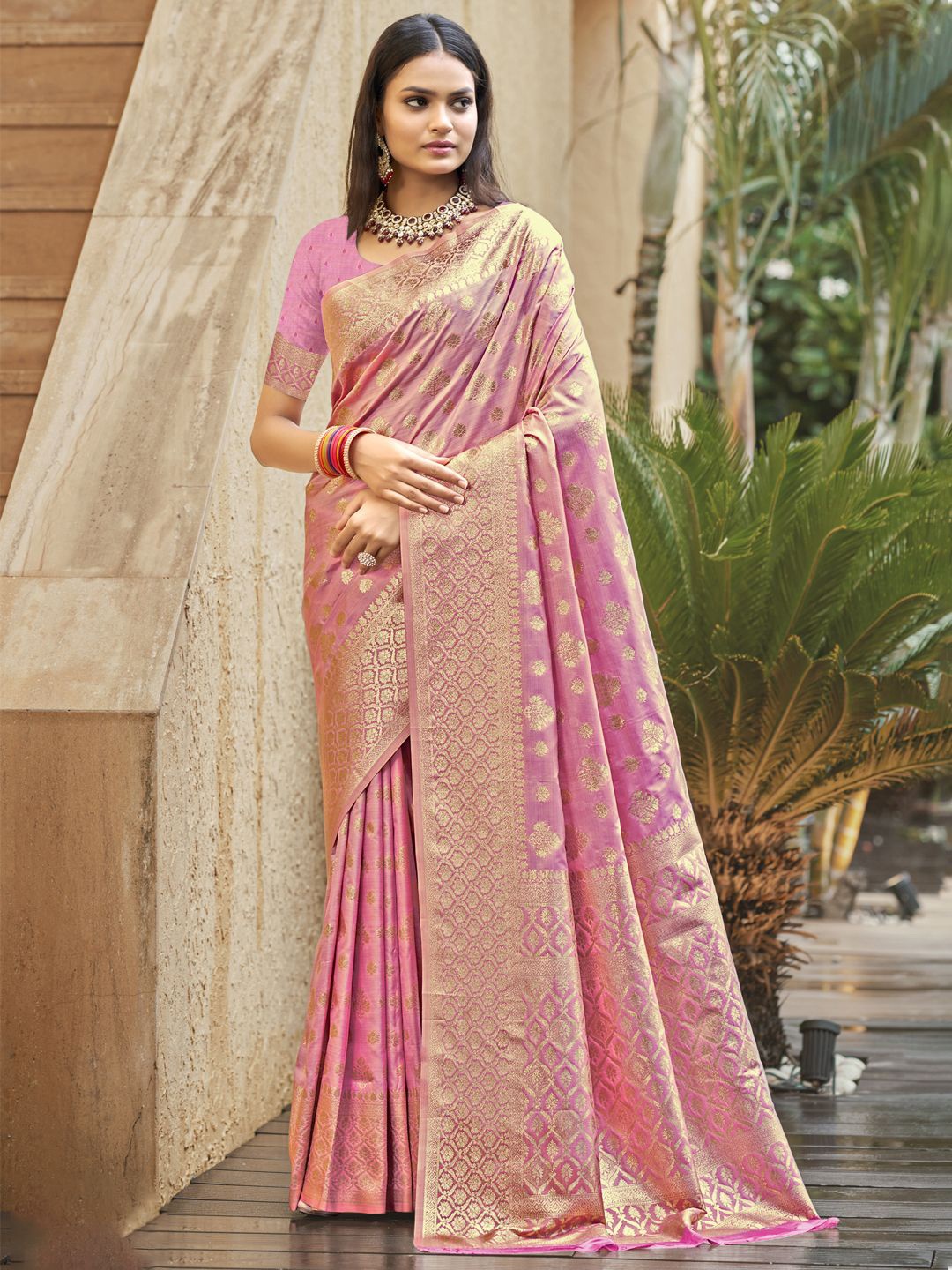 

SANGAM PRINTS Women Woven Design Zari Tussar Saree, Pink