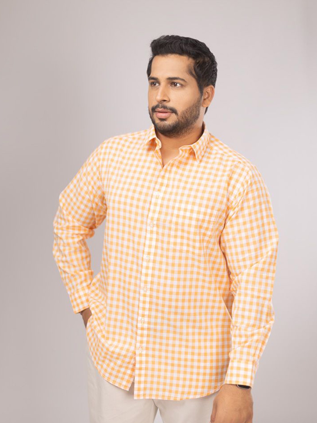 

Sizeupp Men Comfort Spread Collar Gingham Checked Cotton Casual Shirt, Peach