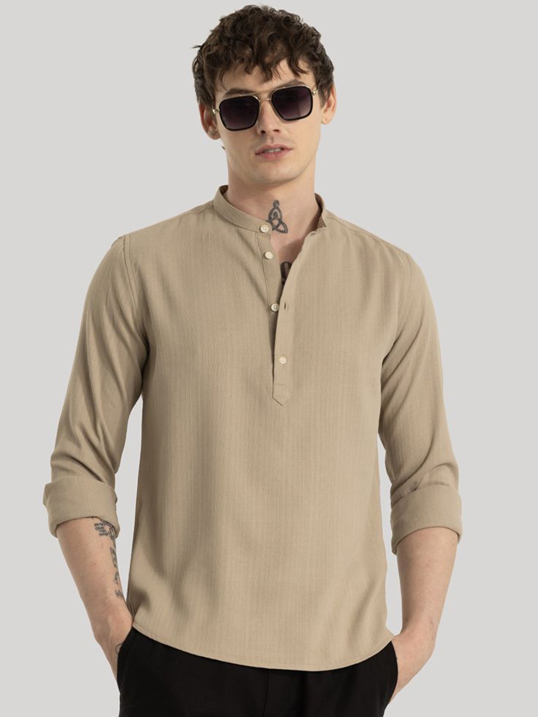 

Snitch Men Smart Band Collar Solid Slim Fit Casual Shirt, Khaki