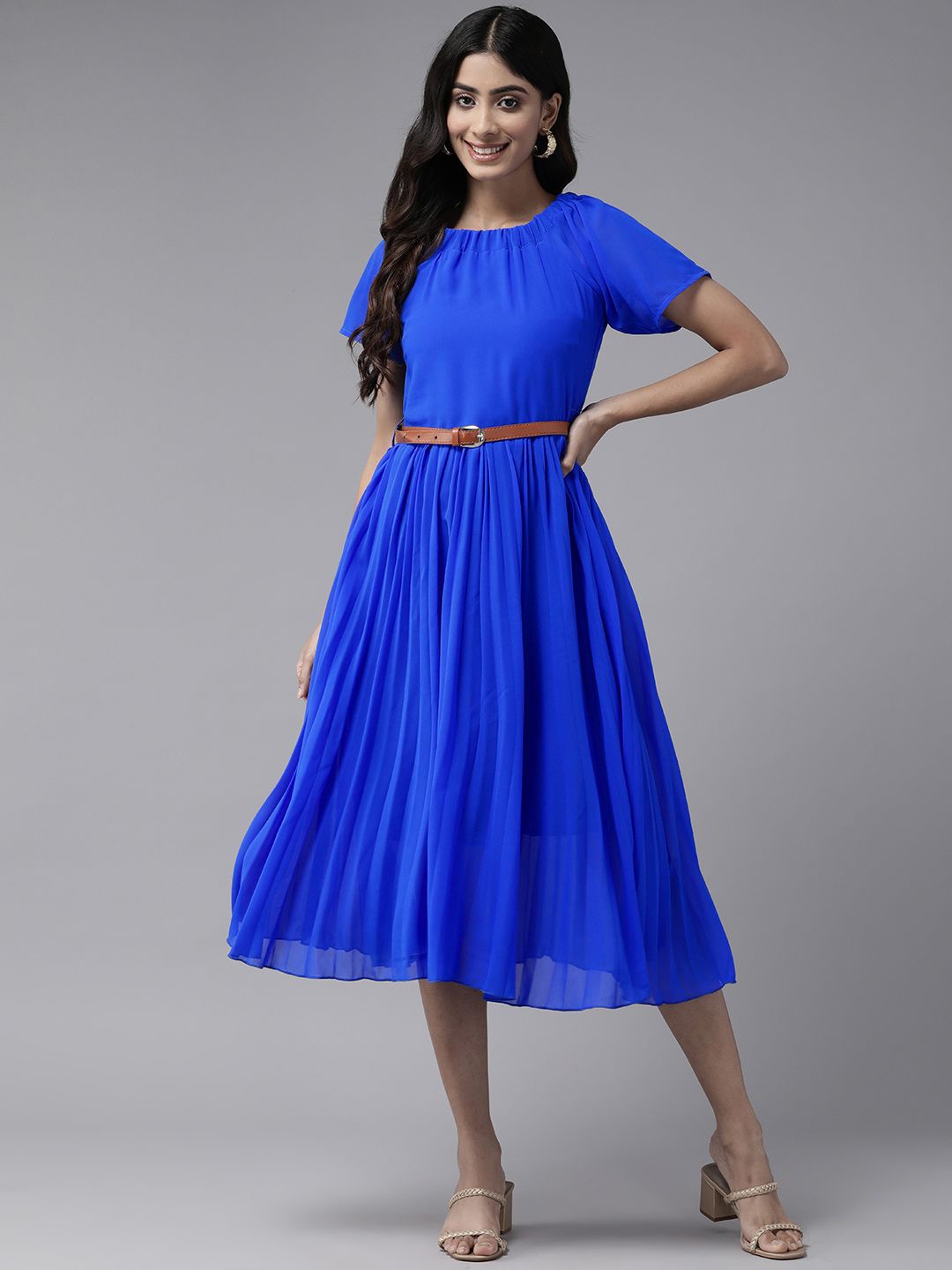 

BAESD Women Solid Fit & Flare Midi Dress Comes With A Belt, Blue