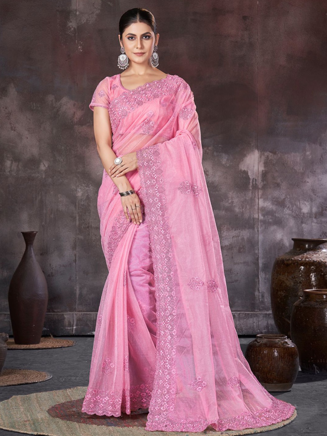 

Panzora Embellished Embroidered Organza Saree, Pink