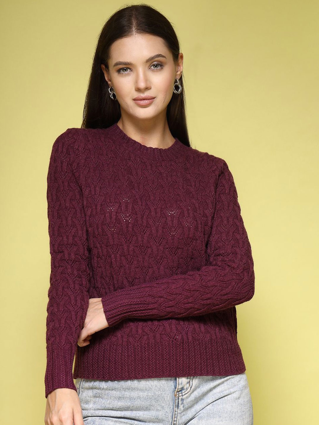 

Mafadeny Women Self Design Pullover Ribbed Sweaters, Maroon