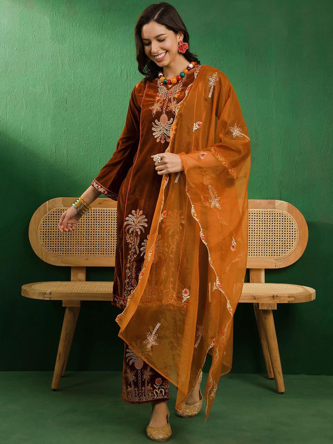 

Sangria Women Embroidered Kurta & Palazzo With Dupatta, Rust