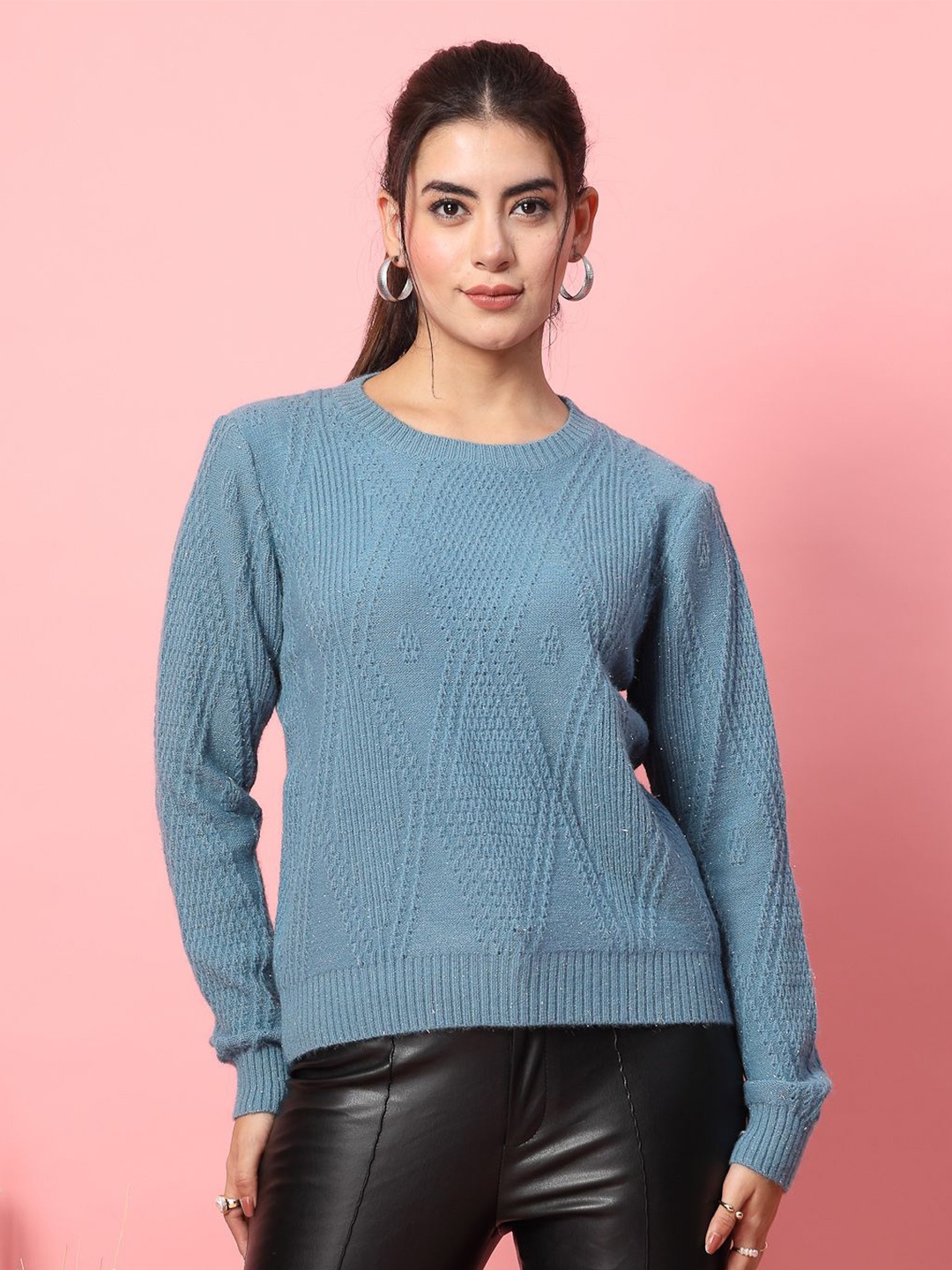 

Mafadeny Women Self Design Round Neck Top, Blue
