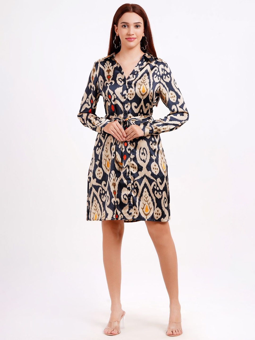 

MINGLAY Women Printed A-Line Dress With Belt, Black
