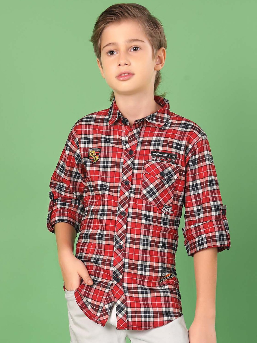 

MashUp Boys Classic Spread Collar Checked Cotton Casual Shirt, Red