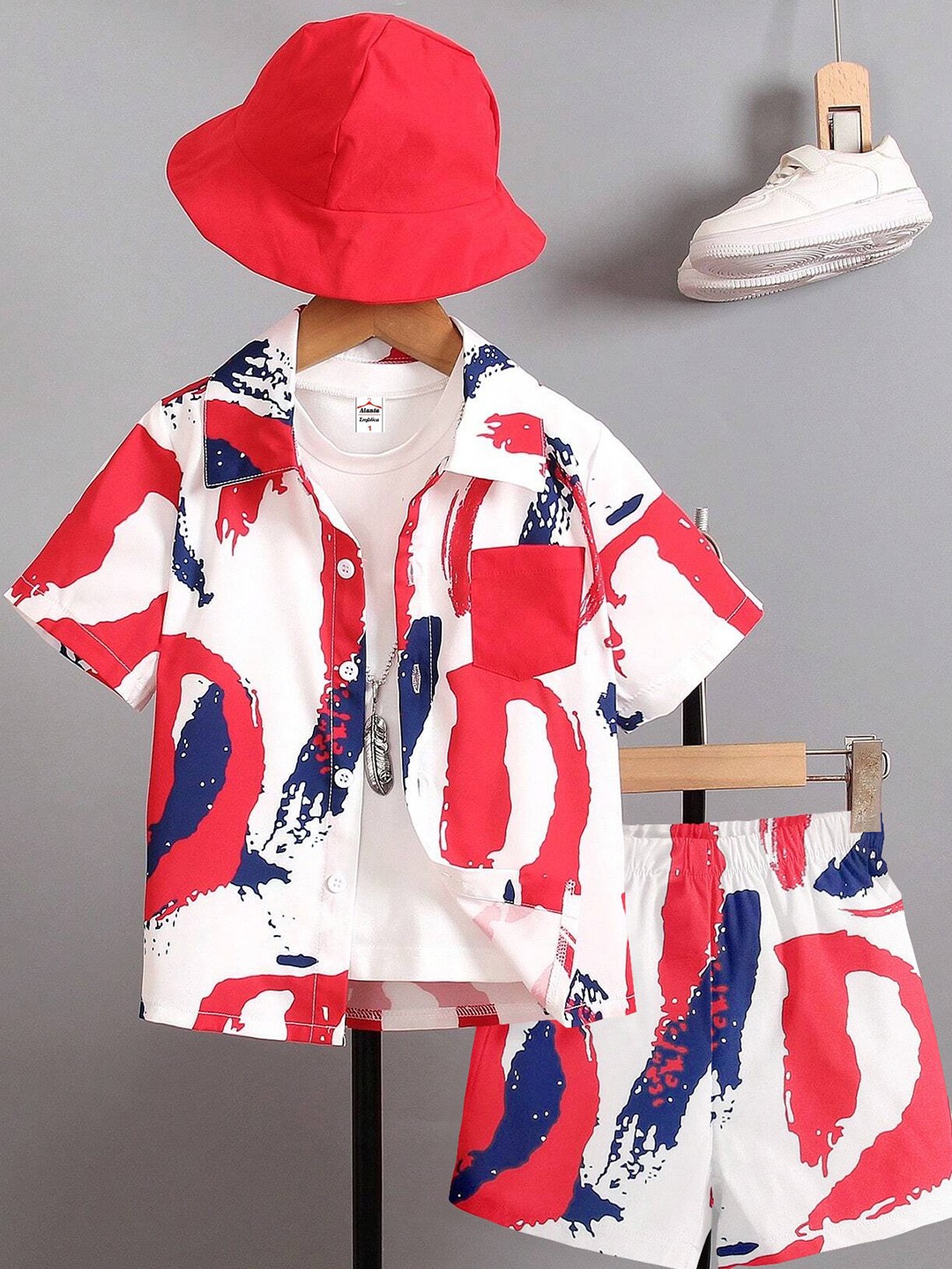 

Emblica Unisex Kids Printed Shirt Collar Shirt with Shorts, Red