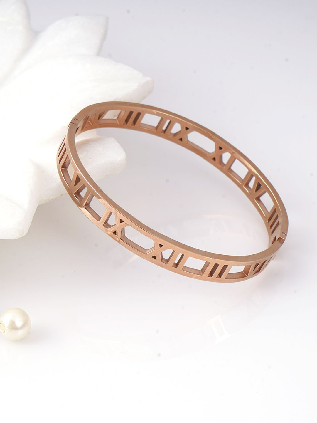 

Adwitiya Collection Stainless Steel Rose Gold-Plated Hollow Bangle Style Bracelet