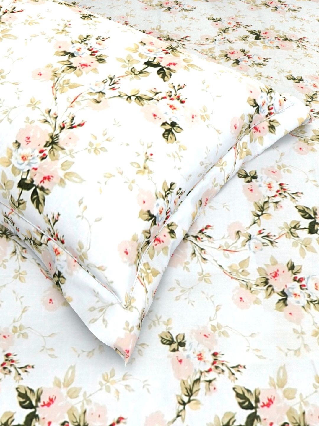 

THE WHITE MOSS White & Green Ethnic Motifs 220 TC Queen Bedsheet with 2 Pillow Covers