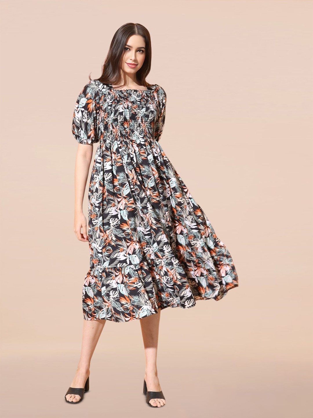 

Vastani Enterprise Floral Print Puff Sleeve Fit and Flare Dress, Black